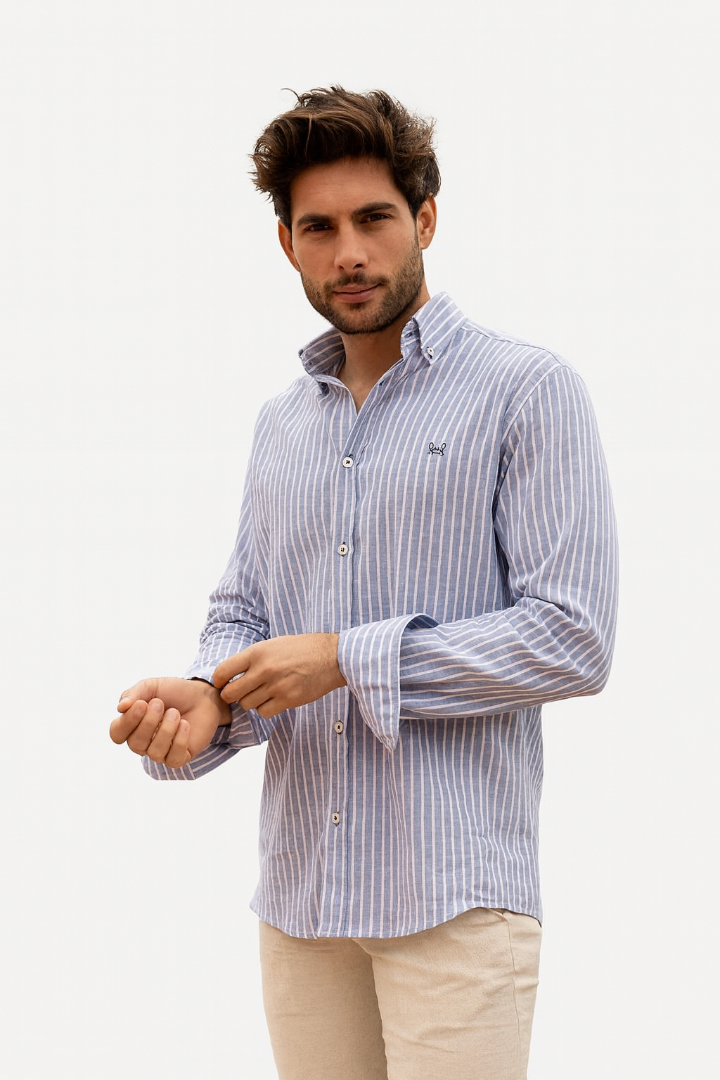 Blauw gestreept linnen-katoen shirt – Regular Fit –cstmx outlet