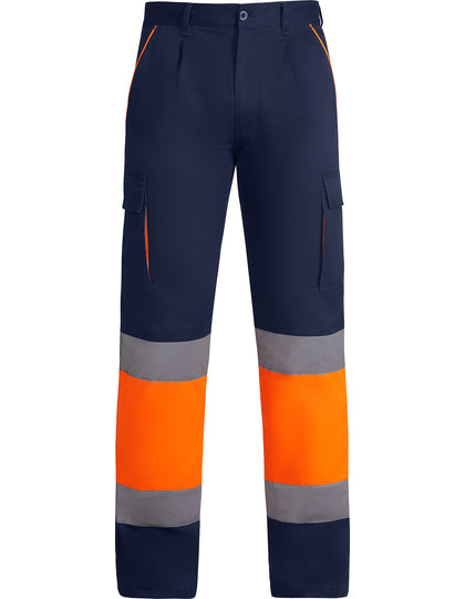 Alt-tekst: Donkerblauwe werkbroek met oranje en grijze reflecterende stroken aan de onderzijde, voorzien van meerdere zakken voor praktisch gebruik.