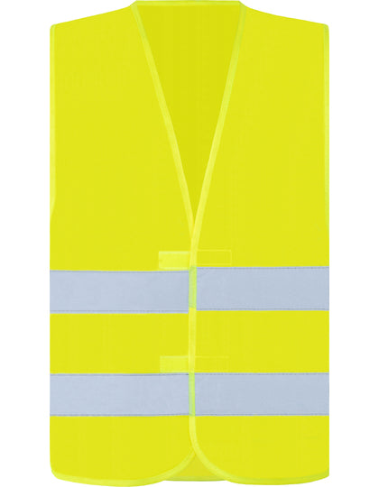 Fluogeel veiligheidsvest met reflecterende strepen, zorgt voor optimale zichtbaarheid bij werk en verkeer.