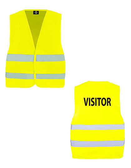 Fluogeel veiligheidsvest met opdruk ‘Visitor’, goed zichtbaar en ideaal voor bezoekers op werkterreinen of evenementen.