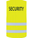 Geel veiligheidsvest met reflecterende strepen en opschrift ‘Security’, voor maximale zichtbaarheid en professionele uitstraling.