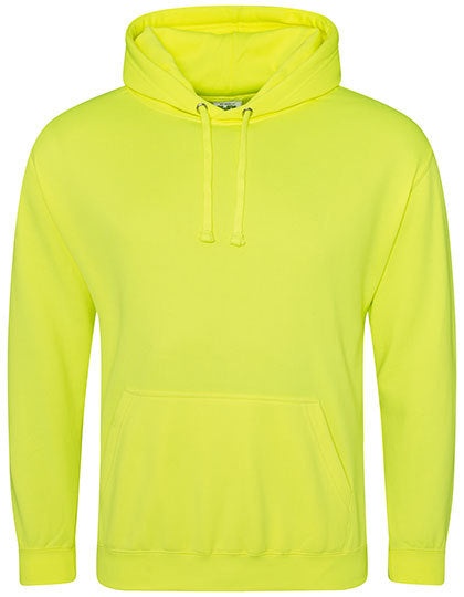 Just Hoods Electric Hoodie in opvallend fluogeel, met verstelbare capuchon en kangoeroezak, gemaakt van zachte katoenmix voor comfort en stijl.