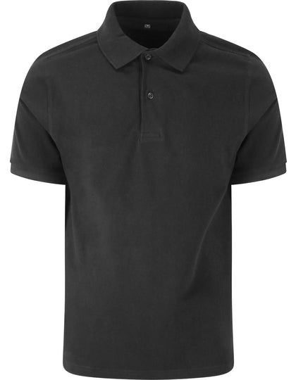 Zwarte basic heren polo van cstmx met klassieke kraag en 3 knopen, geschikt voor personalisatie.